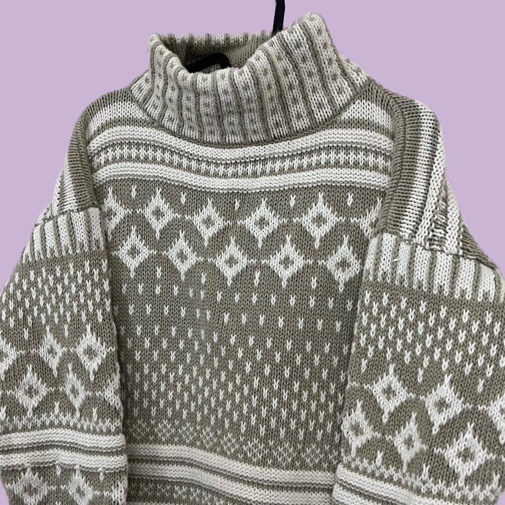 beige and white vintage striped geometric chunky knitted turtleneck sweater